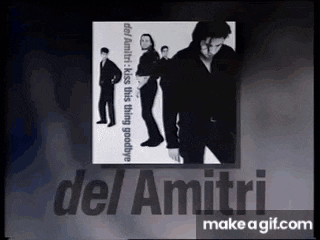 a group of men are standing next to each other on a del amitri album cover .