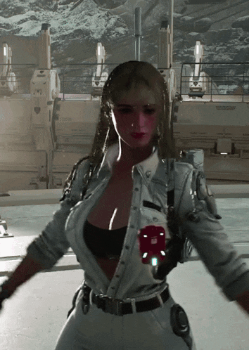 a woman is wearing a white shirt with a red badge on the chest