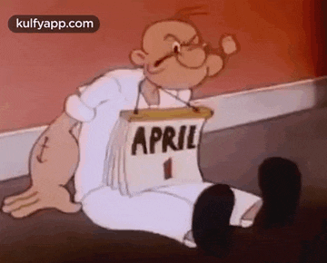 a cartoon man is sitting on the floor holding a calendar that says april 1 .