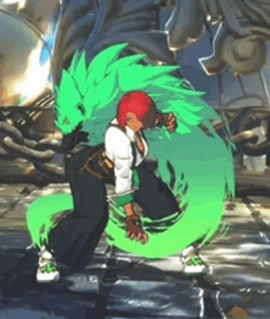 a cartoon character with green hair is standing on a tiled floor .