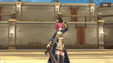 a girl with pink hair holding a sword in a video game
