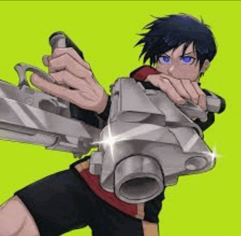 a boy is holding a gun in his hand .