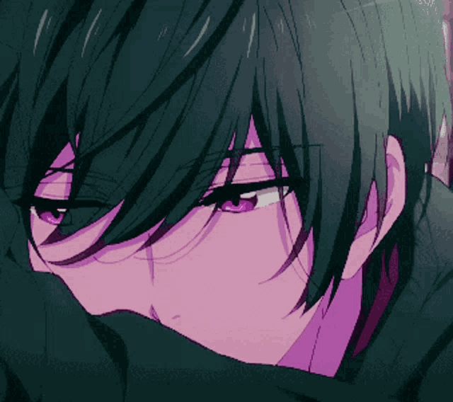 a close up of a person 's face with purple eyes and green hair