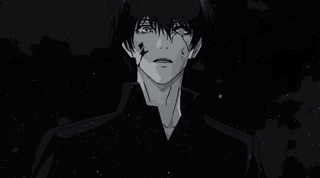 a black and white drawing of a person with a red eye