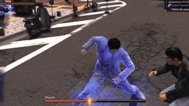 a man in a suit is fighting another man in a video game with a x on the screen