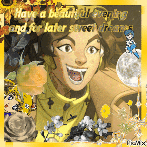 a picture of a girl with the words have a beautiful evening and for later sweet dreams on it