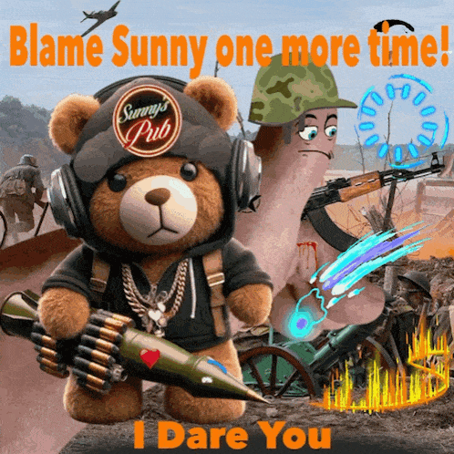 a teddy bear wearing a sunny 's pub hat holds a rocket