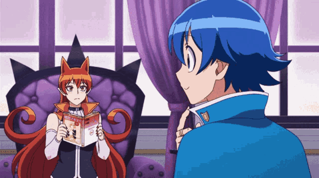 a girl with red hair is reading a book while a boy with blue hair looks on