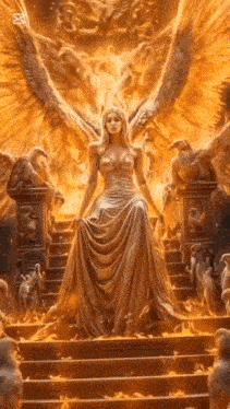 a woman in a gold dress with wings is sitting on a throne surrounded by flames and birds .