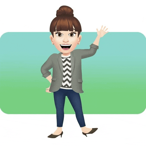 a cartoon of a woman in a gray jacket waving