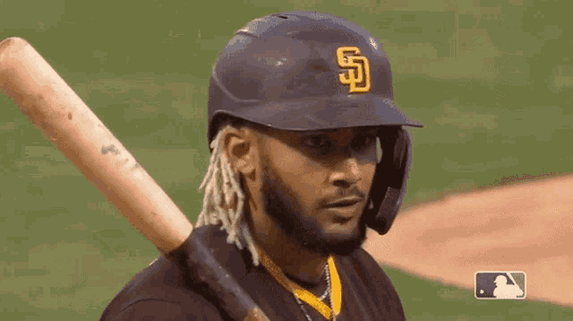a baseball player is wearing a helmet and holding a bat on his shoulder .
