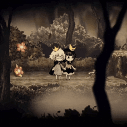two cartoon characters with crowns on their heads are holding hands in a forest