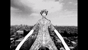 a black and white drawing of a person with long arms standing in front of a city