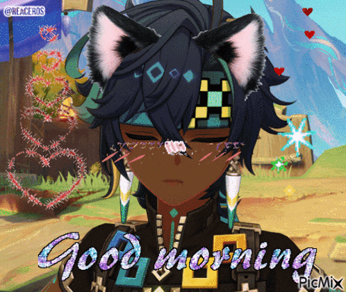a picture of a girl with cat ears and the words good morning on the bottom