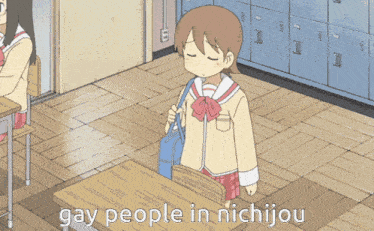a cartoon of a girl sitting at a desk with the words gay people in nichijou above her
