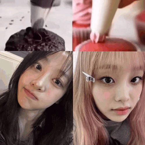 a collage of a woman 's faces with a cake in the background