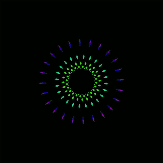 a black background with a circle of green and blue dots