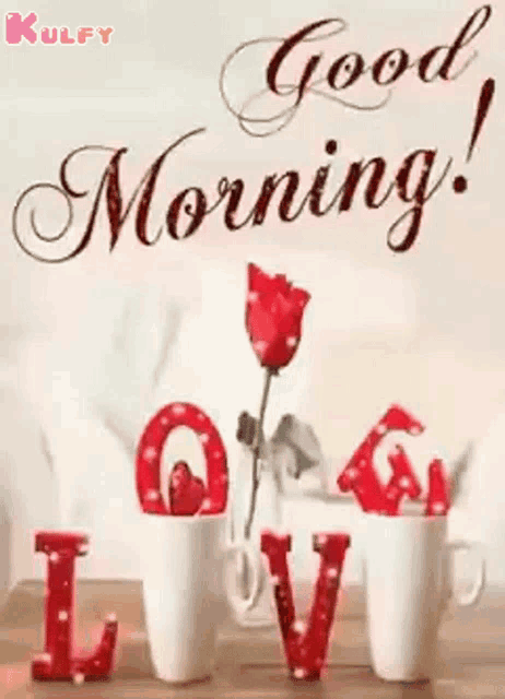 a good morning greeting card with two cups of coffee and a rose