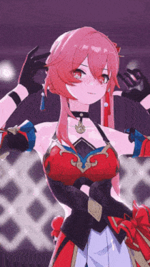 a girl with pink hair is wearing a red dress