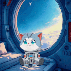 a cartoon cat in a space suit is sitting in front of a large window