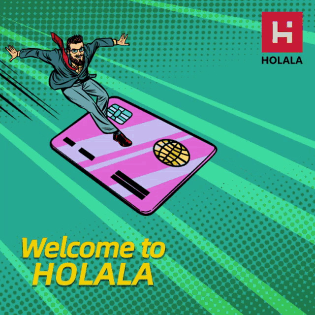 a man is flying through the air on a credit card with the words welcome to holala