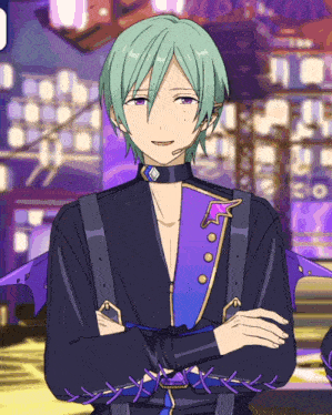 a man with green hair is wearing a purple jacket
