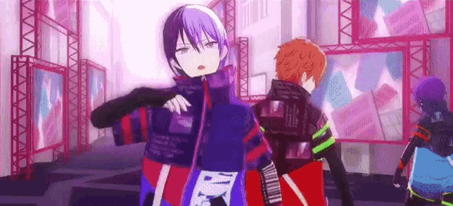 a group of anime characters are standing next to each other in a room in a video game .