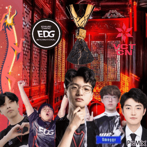 a group of young men are posing for a photo with a edward gaming logo in the background