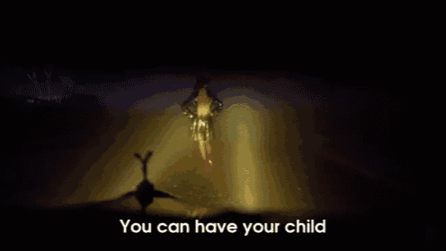 a woman in a gold dress is standing in the dark with the words `` you can have your child '' behind her .