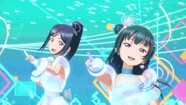 a couple of anime girls standing next to each other with a blue background