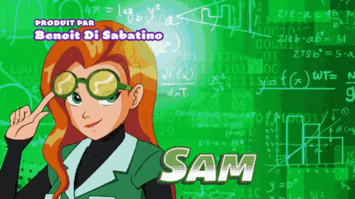 a cartoon character named sam is wearing glasses