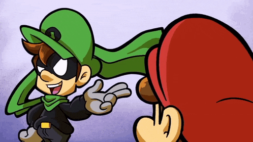 a cartoon character wearing a green cape is pointing to another character