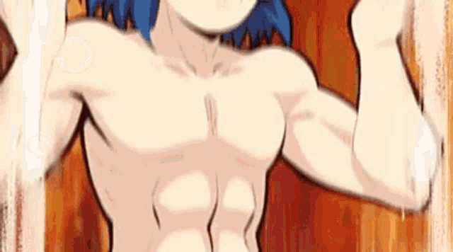 a shirtless anime character with blue hair is flexing his muscles while standing in front of a wooden wall .