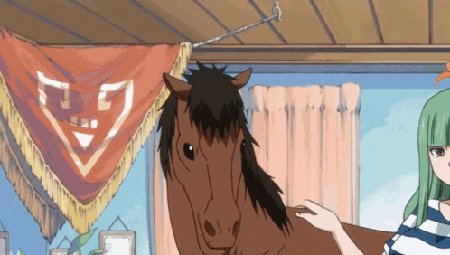 a cartoon drawing of a girl petting a horse in front of a banner with a triangle on it