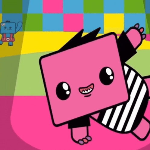 a cartoon drawing of a pink square with a striped shirt on