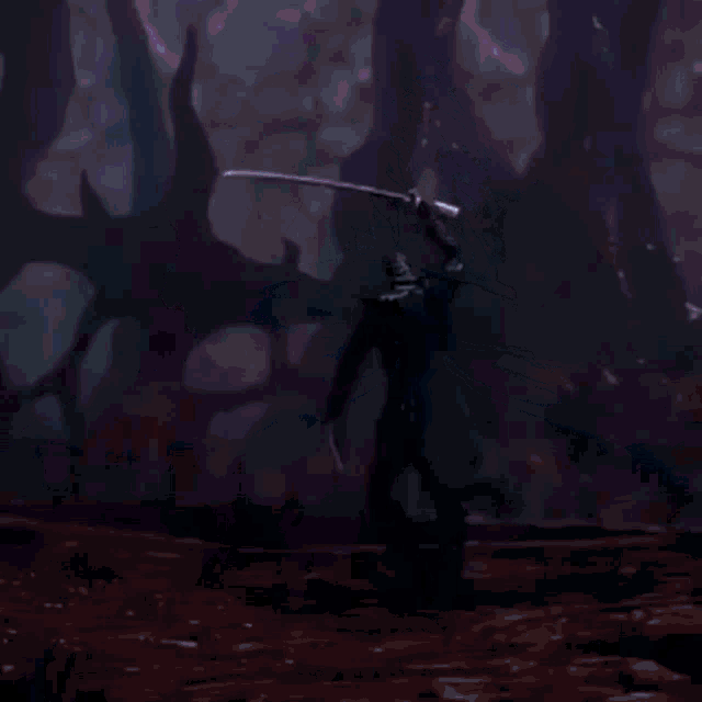 a man with a sword is standing in front of a large sword in a video game .
