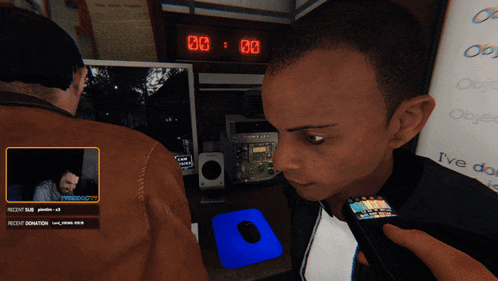 a man in a video game is talking to another man with a clock behind him that says 00:00