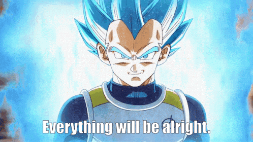 a cartoon character says everything will be alright in front of a blue background