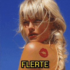 a woman with a tattoo of a kiss on her shoulder has the word flerte written above her