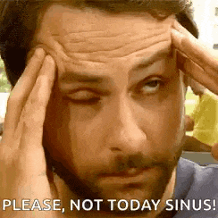 a man with a beard is holding his head with his hands and says `` please , not today sinus ! ''