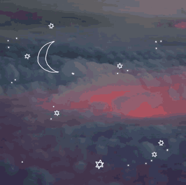 a drawing of a crescent moon and stars with a sunset in the background