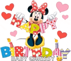 minnie mouse is holding a sign that says happy birthday baby chrissy .