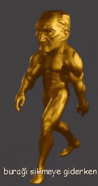 a statue of a naked man with the words " buragi sikmeye giderken " written below it