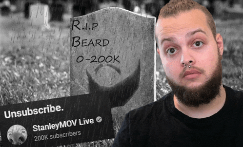 a man with a beard stands in front of a gravestone that says rip beard 0-200k