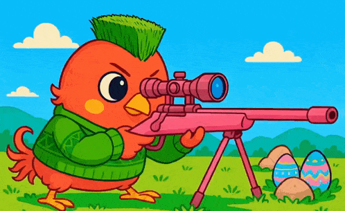 a cartoon bird is holding a pink sniper rifle