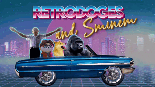 a poster for retrodoges and sminem shows a gorilla and a dog in a car