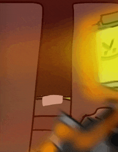 a cartoon character is standing in front of a yellow sign that says x.