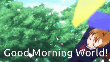 a picture of a girl with the words " good morning world " below her