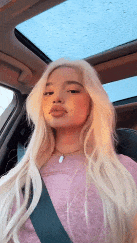 a woman with long blonde hair is sitting in a car with a seat belt on .