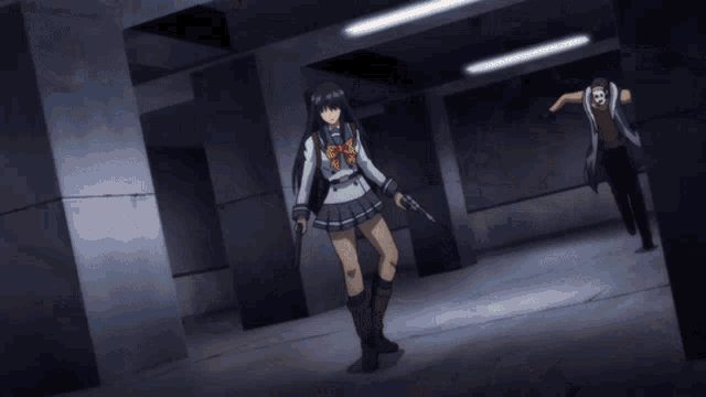 a girl in a school uniform is holding a gun while a man with a skull on his head runs behind her